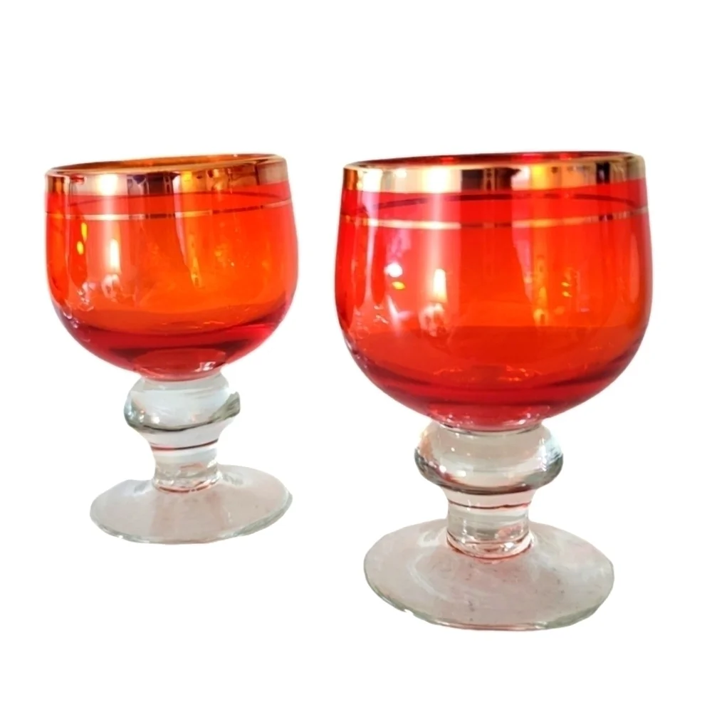 4 mini red goblets, retro barware vibe